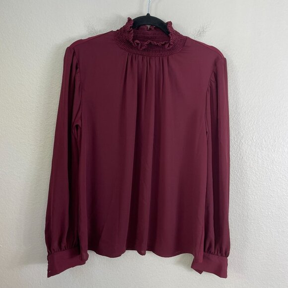 Ann Taylor Womens Small Burgundy Smocked Mock Neck Long Sleeve Blouse Shirt - Picture 7 of 10
